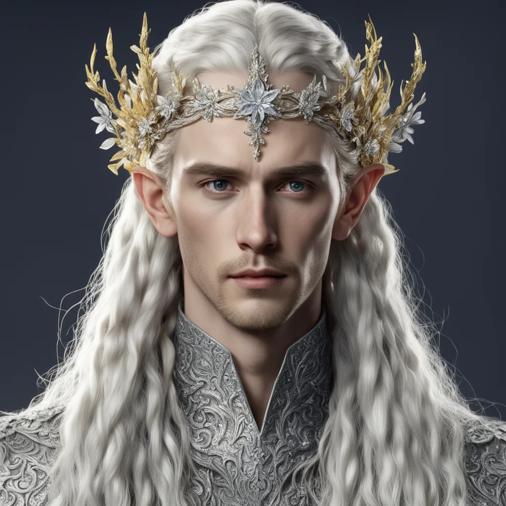 aitolkien king thranduil with golden hair and braids wearing silvery flowers encrusted with diamonds in the shape of silver elvish circlet with large center diamond 