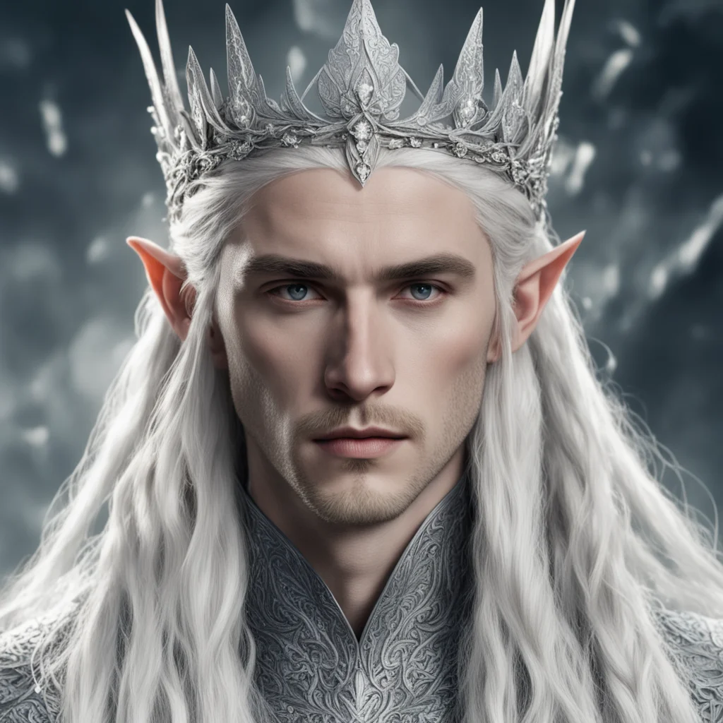 aitolkien king thranduil with platinum blonde hair and braids wearing silver flowers encrusted with diamonds forming a silver elvish crown with large center diamond 