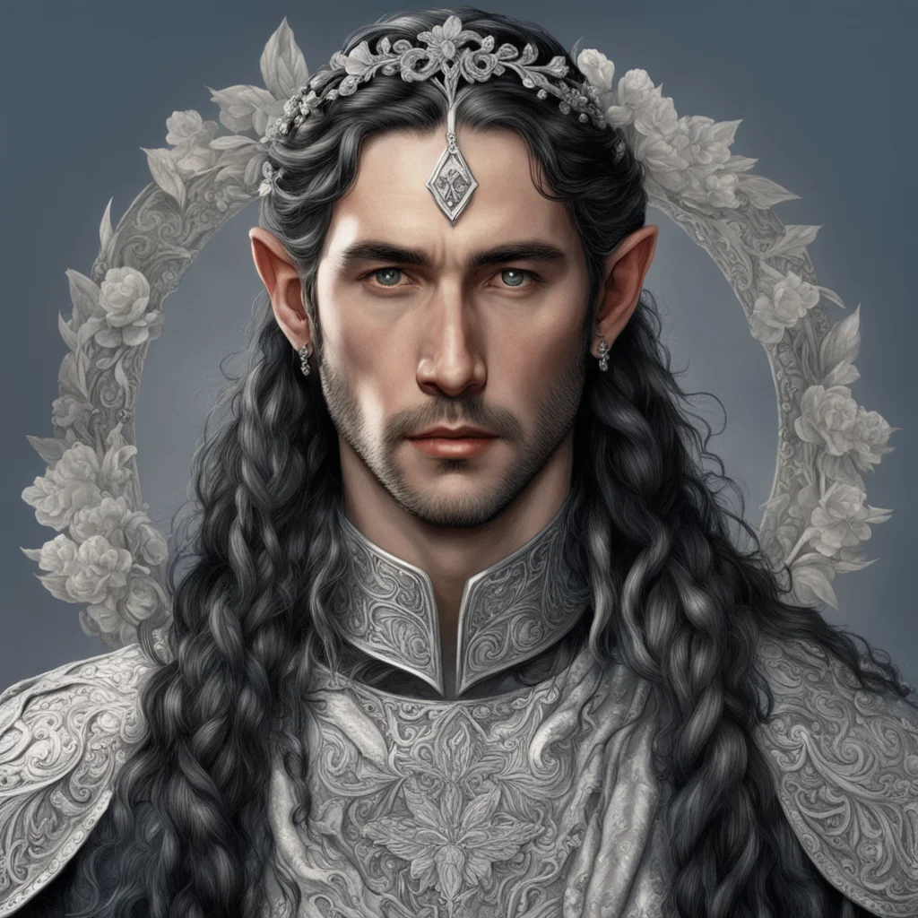 aitolkien king turgon with dark hair and braids wearing silver diamond flowers to form a silver elvish circlet with large center flower diamond  confident engaging wow artstation art 3