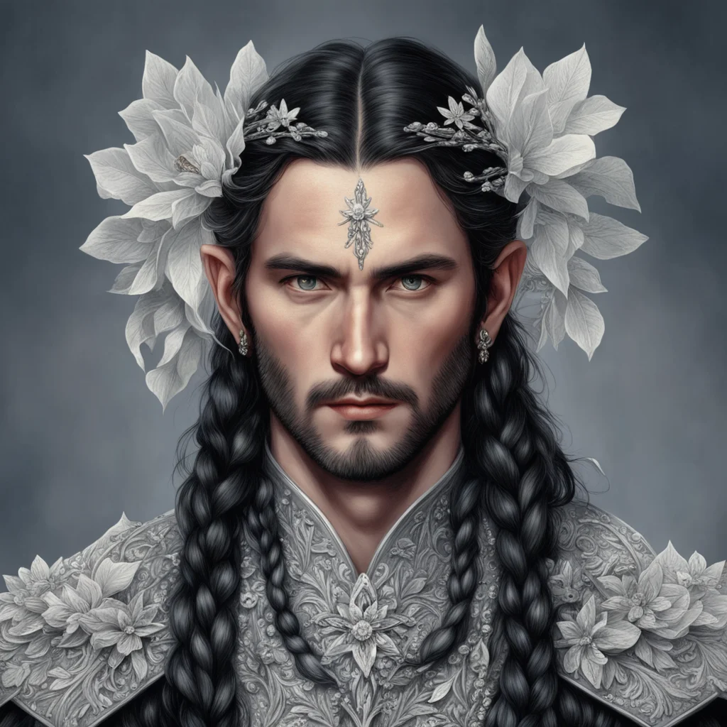 aitolkien king turgon with dark hair and braids wearing silver diamond flowers to form a silver elvish circlet with large center flower diamond 