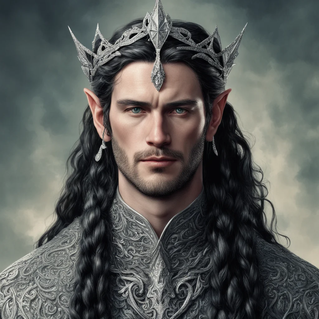 tolkien king turgon with dark hair and braids wearing silver serpentine elvish circlet encrusted with diamonds with large center diamond  confident engaging wow artstation art 3