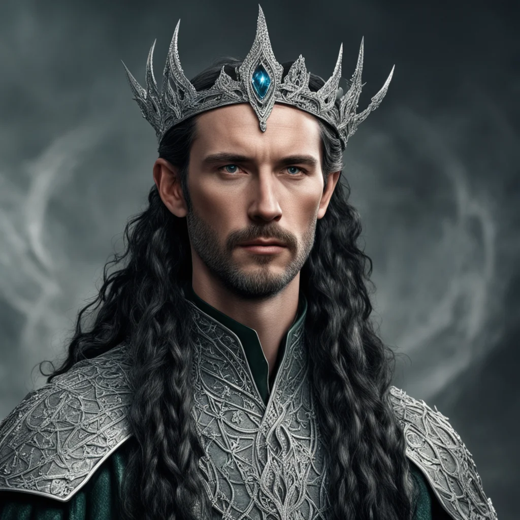 tolkien king turgon with dark hair and braids wearing silver serpentine elvish circlet encrusted with diamonds with large center diamond 