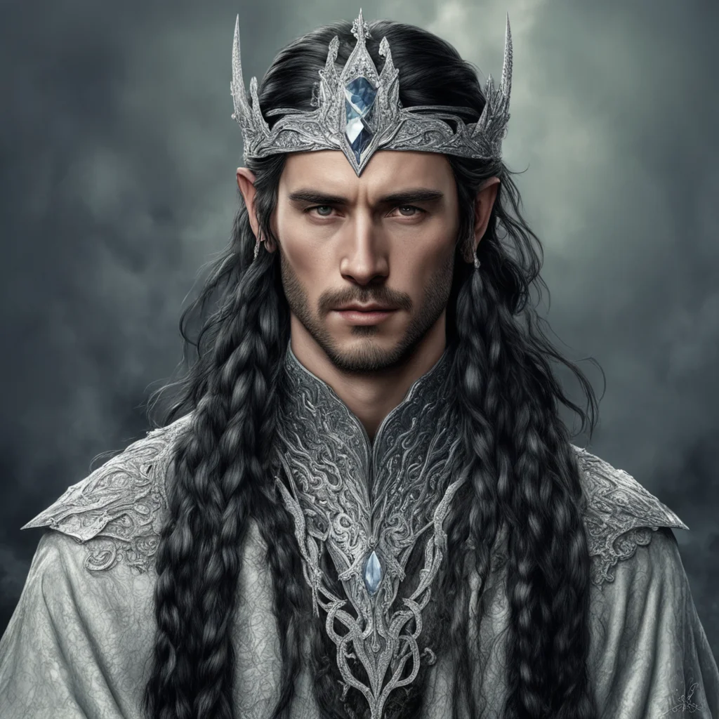 aitolkien king turgon with dark hair and braids wearing silver serpentine noldorin elvish circlet encrusted with diamonds with large center diamond good looking trending fantastic 1
