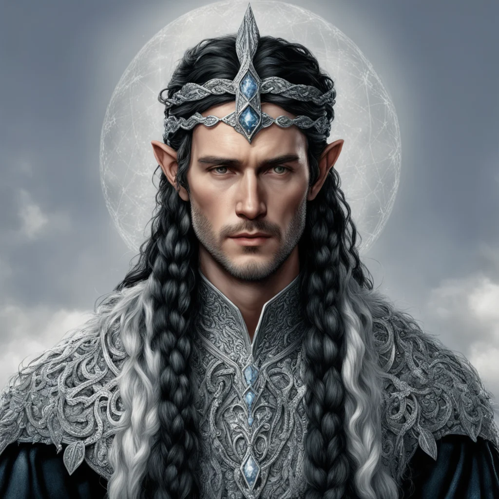 tolkien king turgon with dark hair and braids wearing silver serpentine noldorin elvish circlet encrusted with diamonds with large center diamond