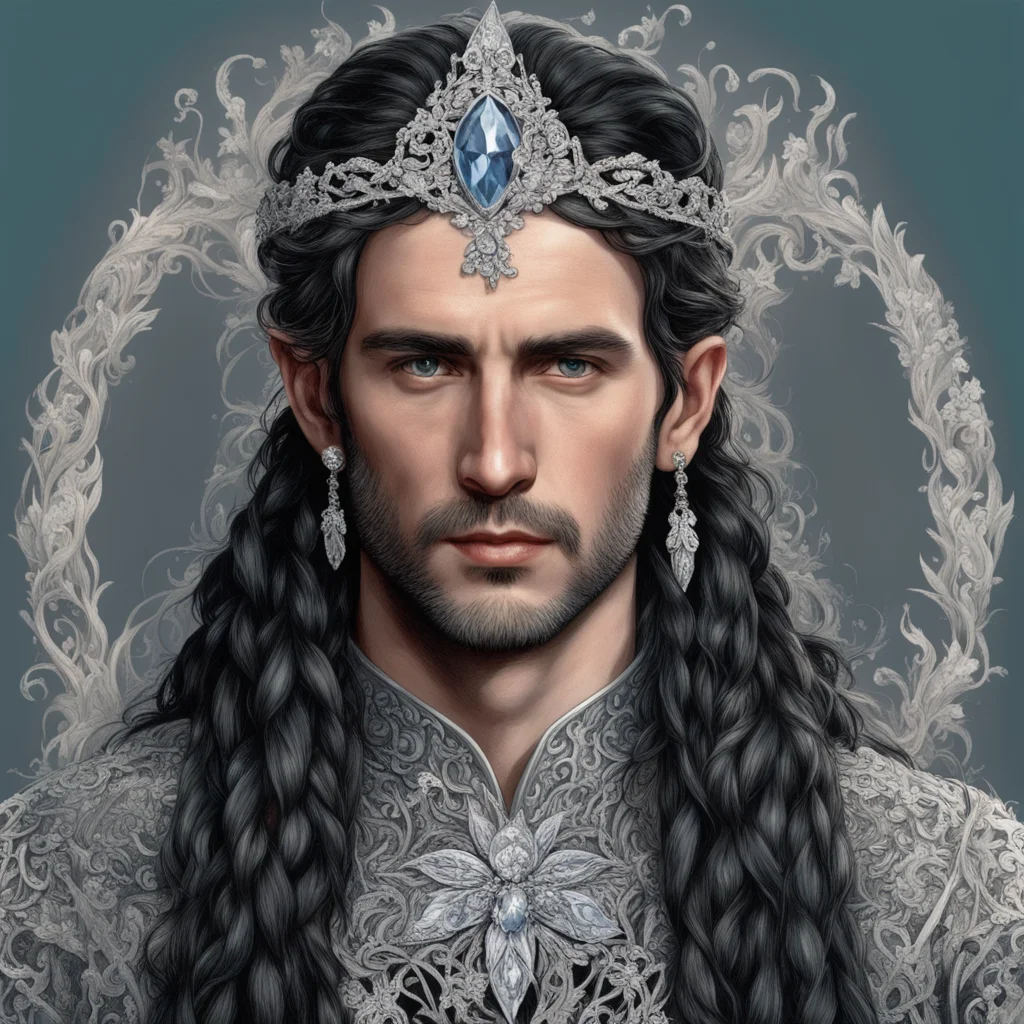 tolkien king turgon with dark hair and braids wearing silver vines encrusted with diamonds with silver flowers encrusted with diamonds forming a silver elvish circlet with large center diamond amazi