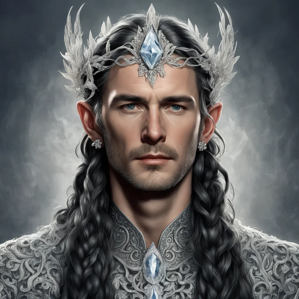 tolkien king turgon with dark hair and braids wearing silver vines encrusted with diamonds with silver flowers encrusted with diamonds forming a silver elvish circlet with large center diamond confi