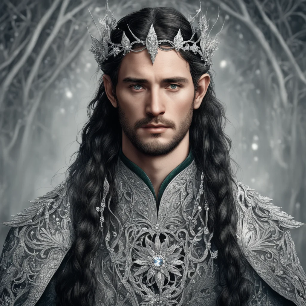 tolkien king turgon with dark hair and braids wearing silver vines encrusted with diamonds with silver flowers encrusted with diamonds forming a silver elvish circlet with large center diamond good 