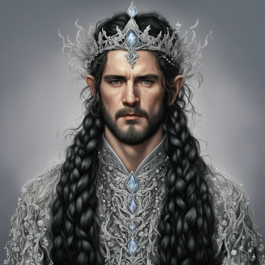 aitolkien king turgon with dark hair and braids wearing silver vines encrusted with diamonds with silver flowers encrusted with diamonds forming a silver elvish circlet with large center diamond