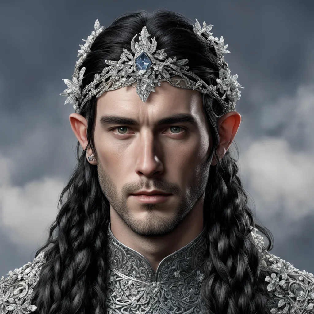 tolkien king turgon with dark hair and braids wearing small silver flowers encrusted with diamonds to form a small silver elvish circlet with large center diamond 