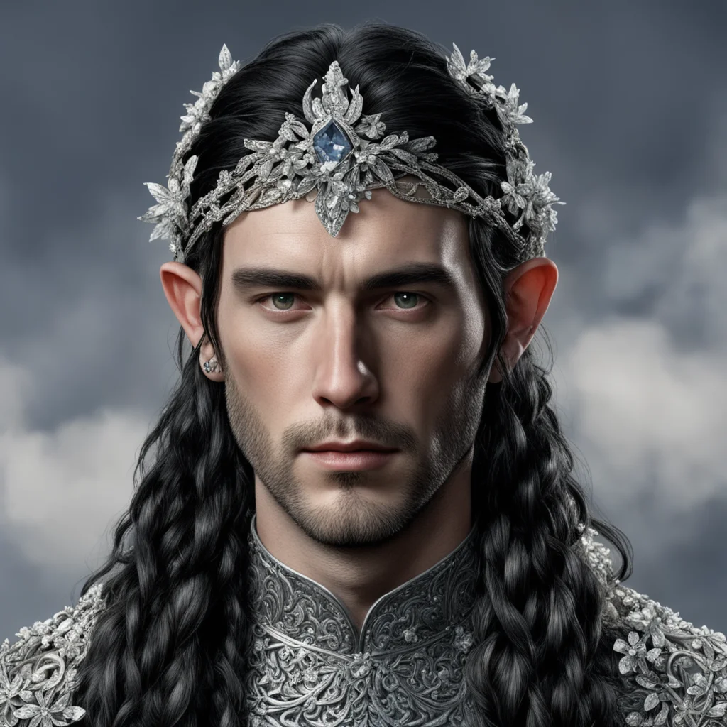 aitolkien king turgon with dark hair and braids wearing small silver flowers encrusted with diamonds to form a small silver elvish circlet with large center diamond 