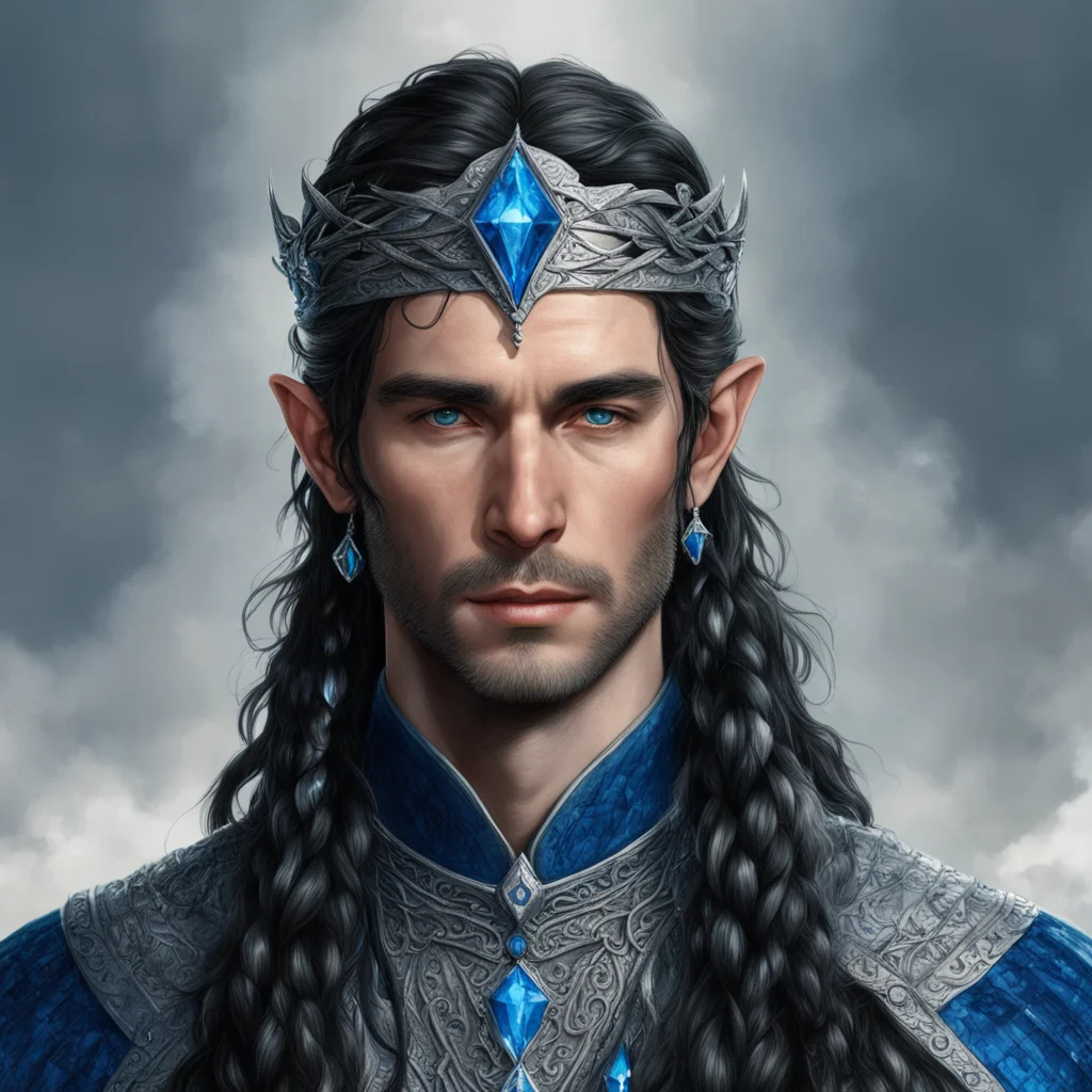 aitolkien king turgon with dark hair with braids wearing silver elvish circlet with blue diamonds amazing awesome portrait 2