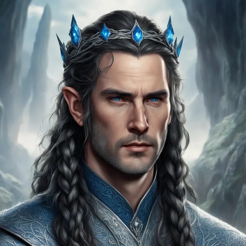aitolkien king turgon with dark hair with braids wearing silver elvish circlet with blue diamonds confident engaging wow artstation art 3