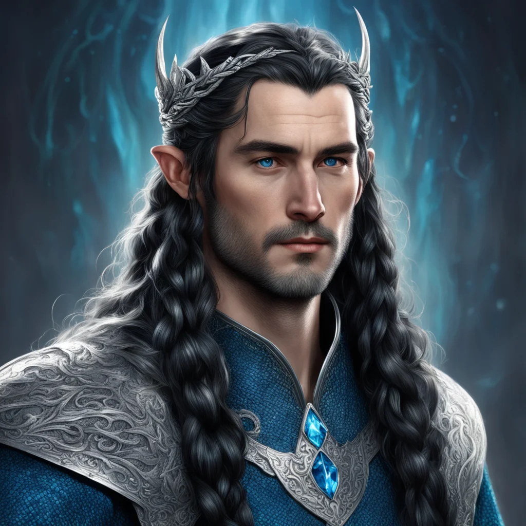 aitolkien king turgon with dark hair with braids wearing silver elvish circlet with blue diamonds good looking trending fantastic 1