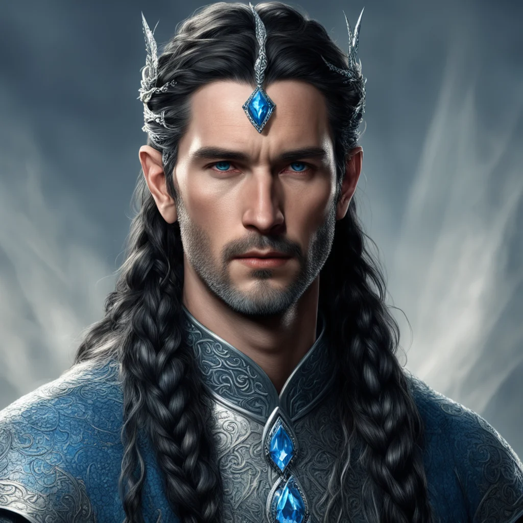 aitolkien king turgon with dark hair with braids wearing silver elvish circlet with blue diamonds