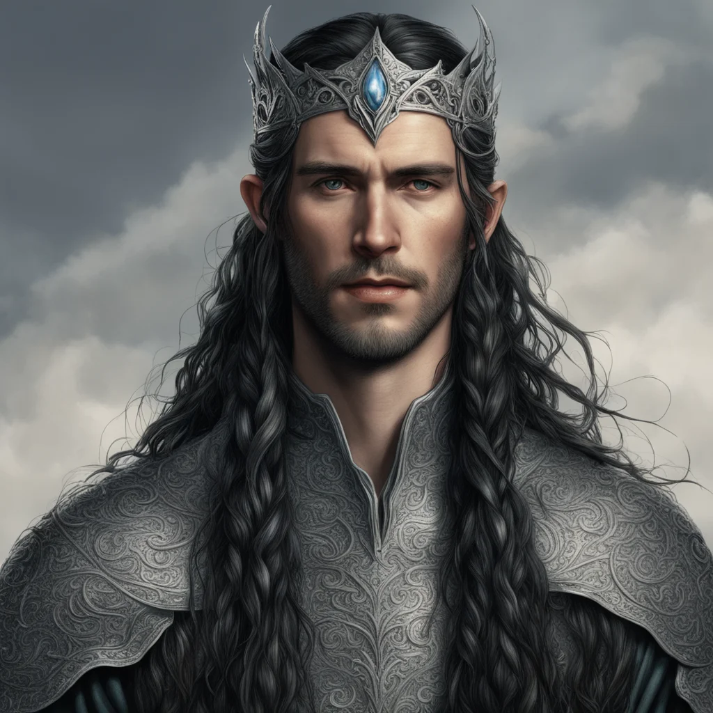 aitolkien king turgon with dark hair with braids wearing silver elvish circlet with diamonds confident engaging wow artstation art 3