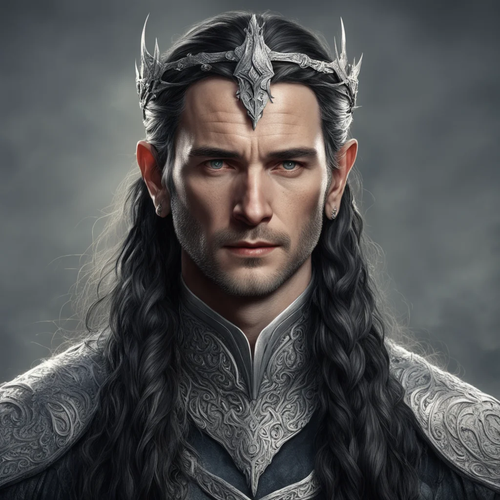 aitolkien king turgon with dark hair with braids wearing silver elvish circlet with diamonds good looking trending fantastic 1