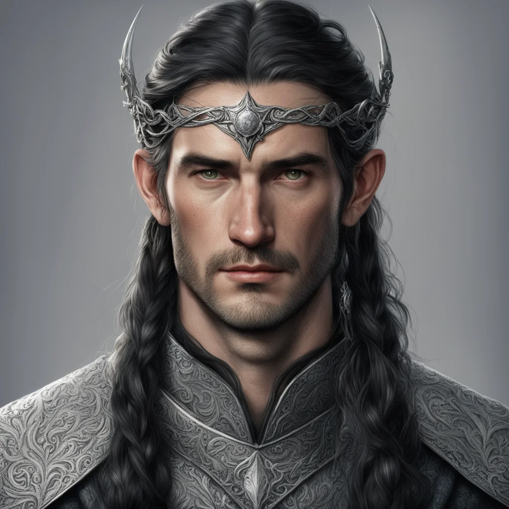 tolkien king turgon with dark hair with braids wearing silver elvish circlet with diamonds