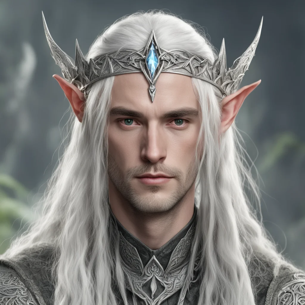 aitolkien lord celeborn with silver hair and braids wearing silver elvish circlet with large center diamond 