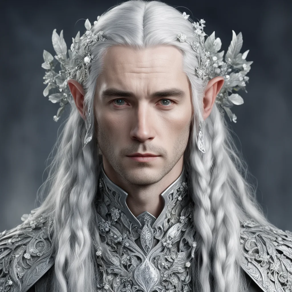 aitolkien lord celeborn with silver hair and braids wearing silver flowers encrusted with diamonds to form a  silver serpentine elvish circlet encrusted with diamonds with large center diamond