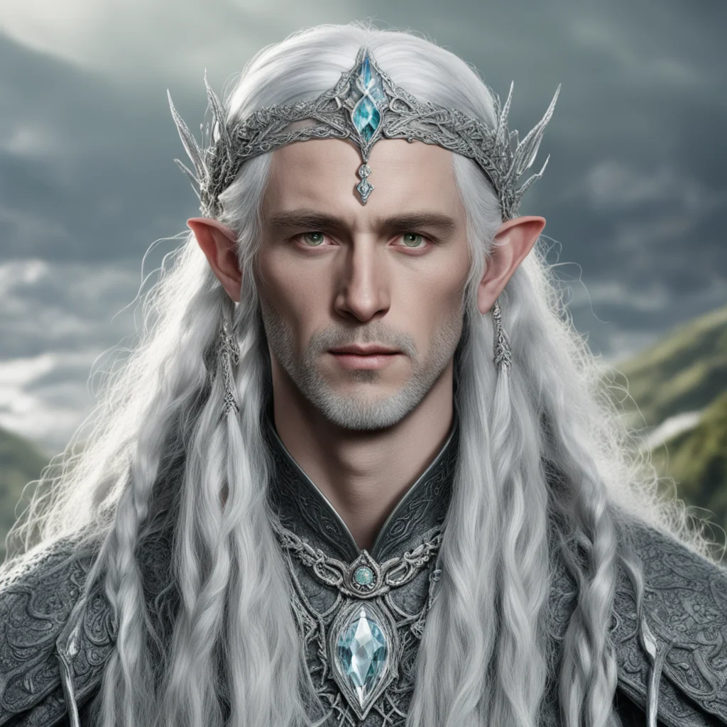 tolkien lord celeborn with silver hair and braids wearing silver serpentine elvish circlet encrusted with diamonds with large center diamond  amazing awesome portrait 2