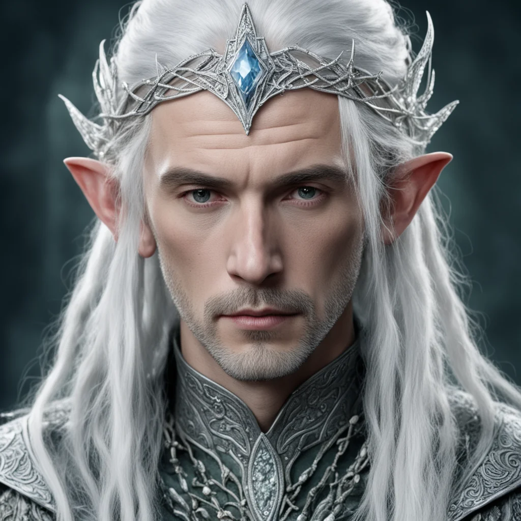 aitolkien lord celeborn with silver hair and braids wearing silver serpentine elvish circlet encrusted with diamonds with large center diamond good looking trending fantastic 1