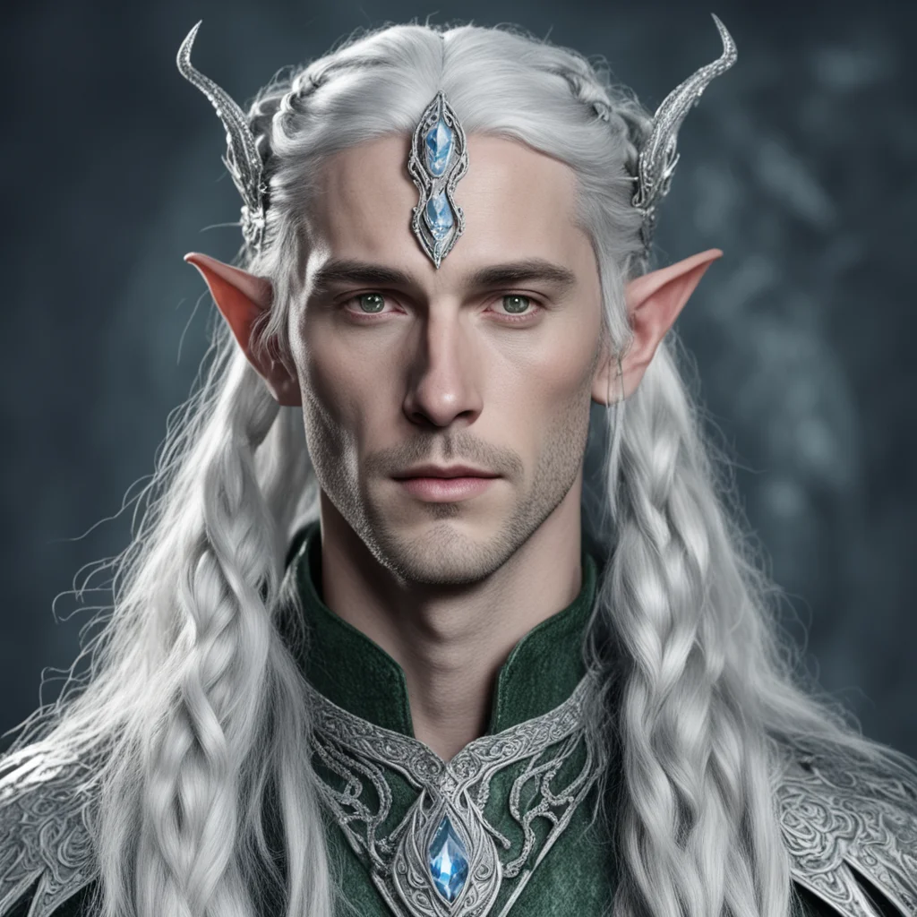 aitolkien lord celeborn with silver hair and braids wearing silver serpentine elvish circlet encrusted with diamonds with large center diamond