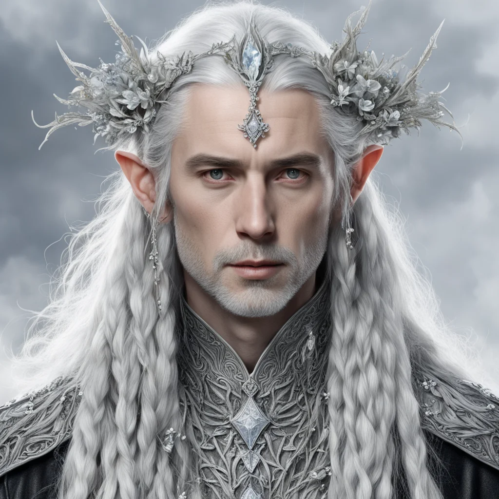 aitolkien lord celeborn with silver hair and braids wearing silver twigs and silver flowers encrusted with diamonds to form a silver elvish circlet with large center diamond 