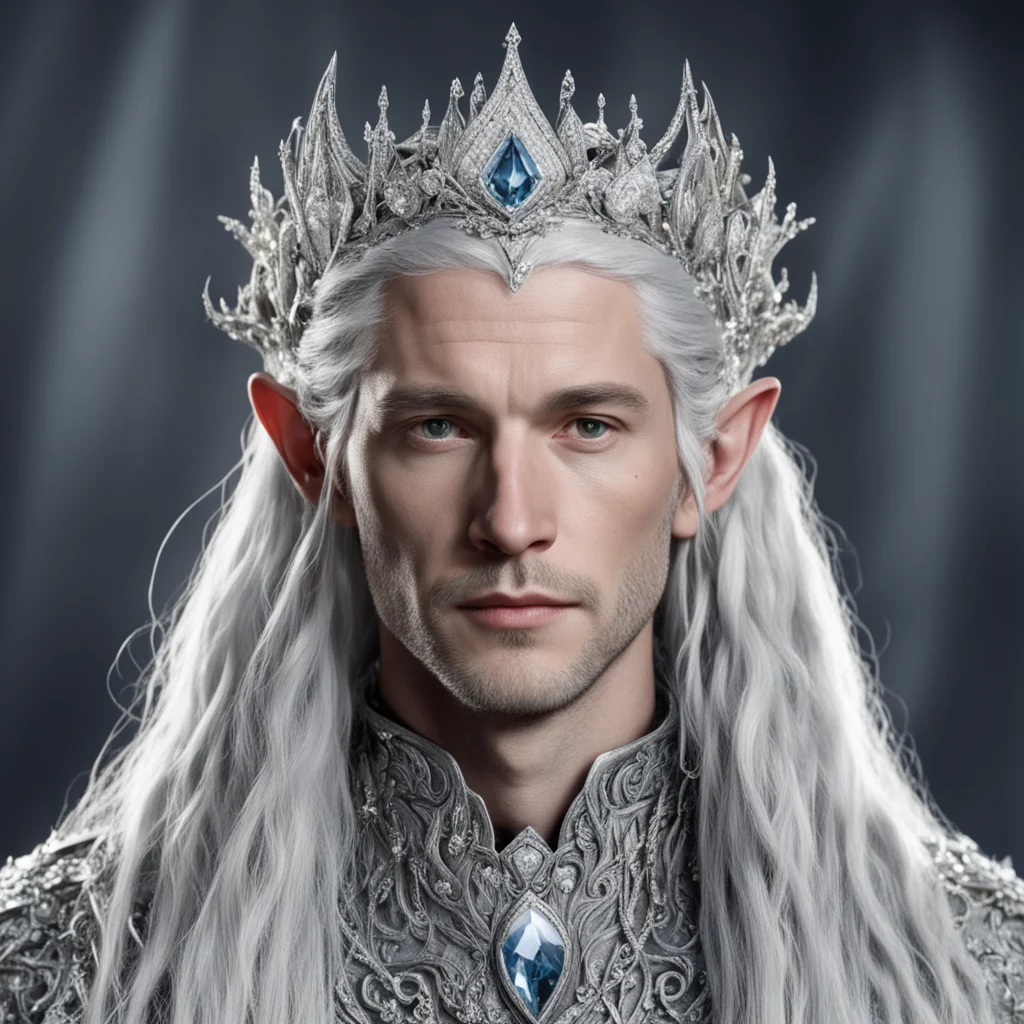 tolkien lord celeborn with silver hair and braids wearing silver vines encrusted with diamonds and clusters of diamonds forming a silver serpentine elvish coronet with large center diamond
