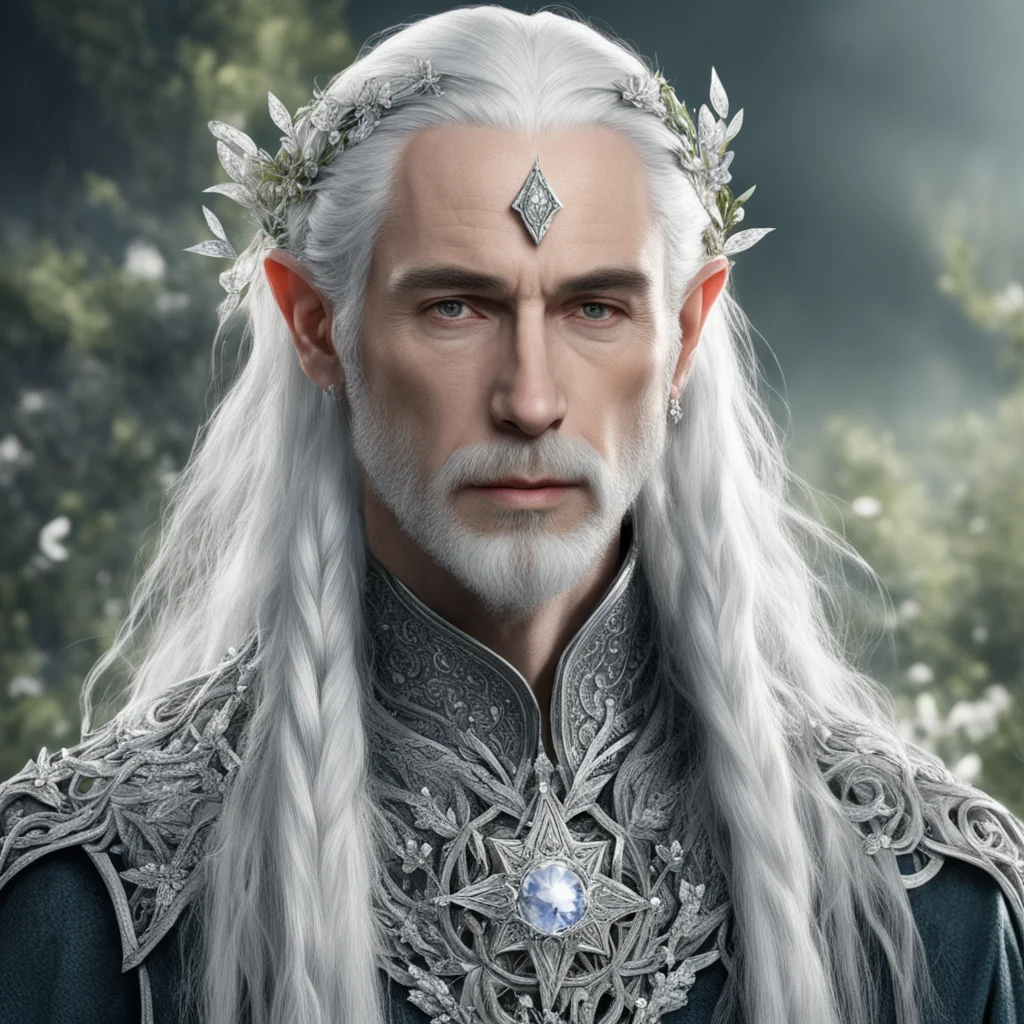tolkien lord celeborn with silver hair and braids wearing small flowers of silver encrusted with diamonds intertwined together with serpentine silver elvish circlet with large center diamond  amazin