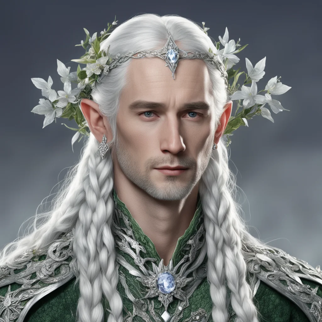 aitolkien lord celeborn with silver hair and braids wearing small flowers of silver encrusted with diamonds intertwined together with serpentine silver elvish circlet with large center diamond 