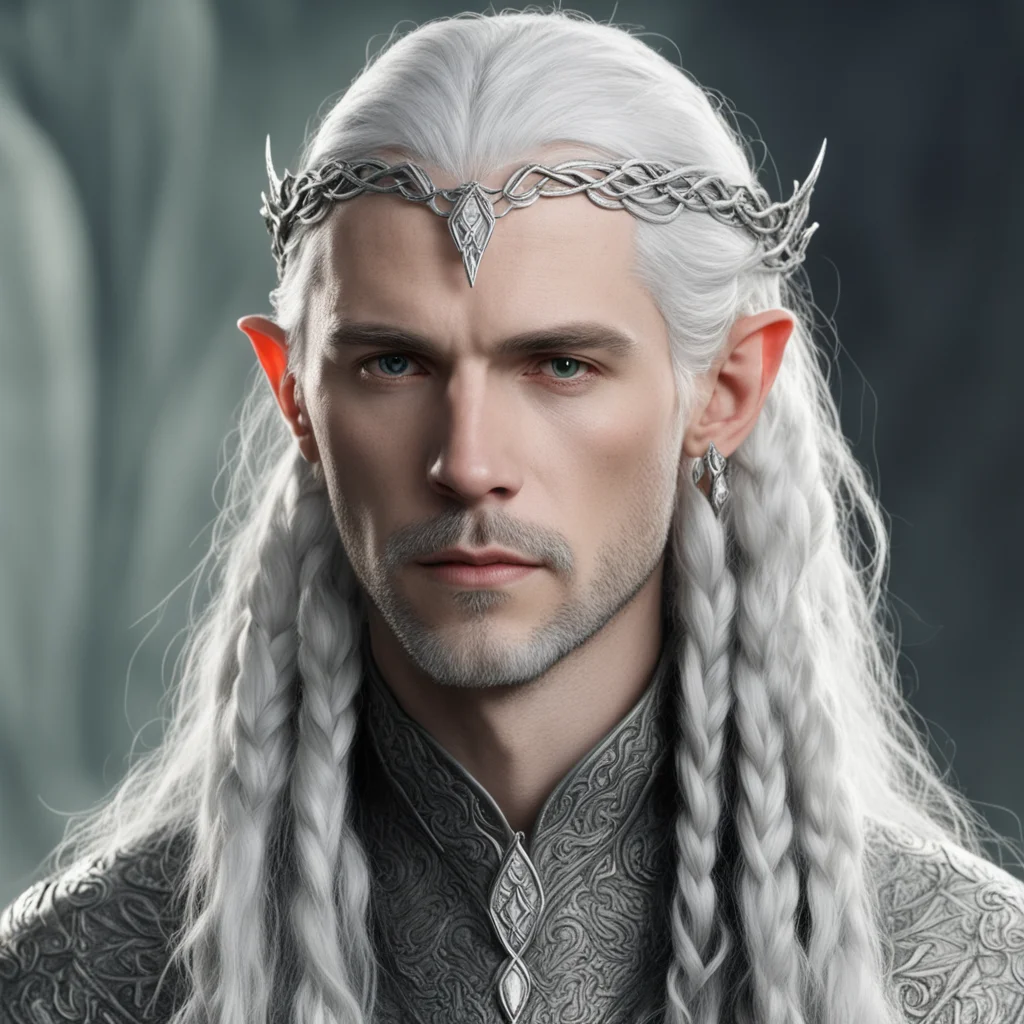 aitolkien lord celeborn with silver hair and braids wearing small silver serpentine elvish circlet with large center diamond 