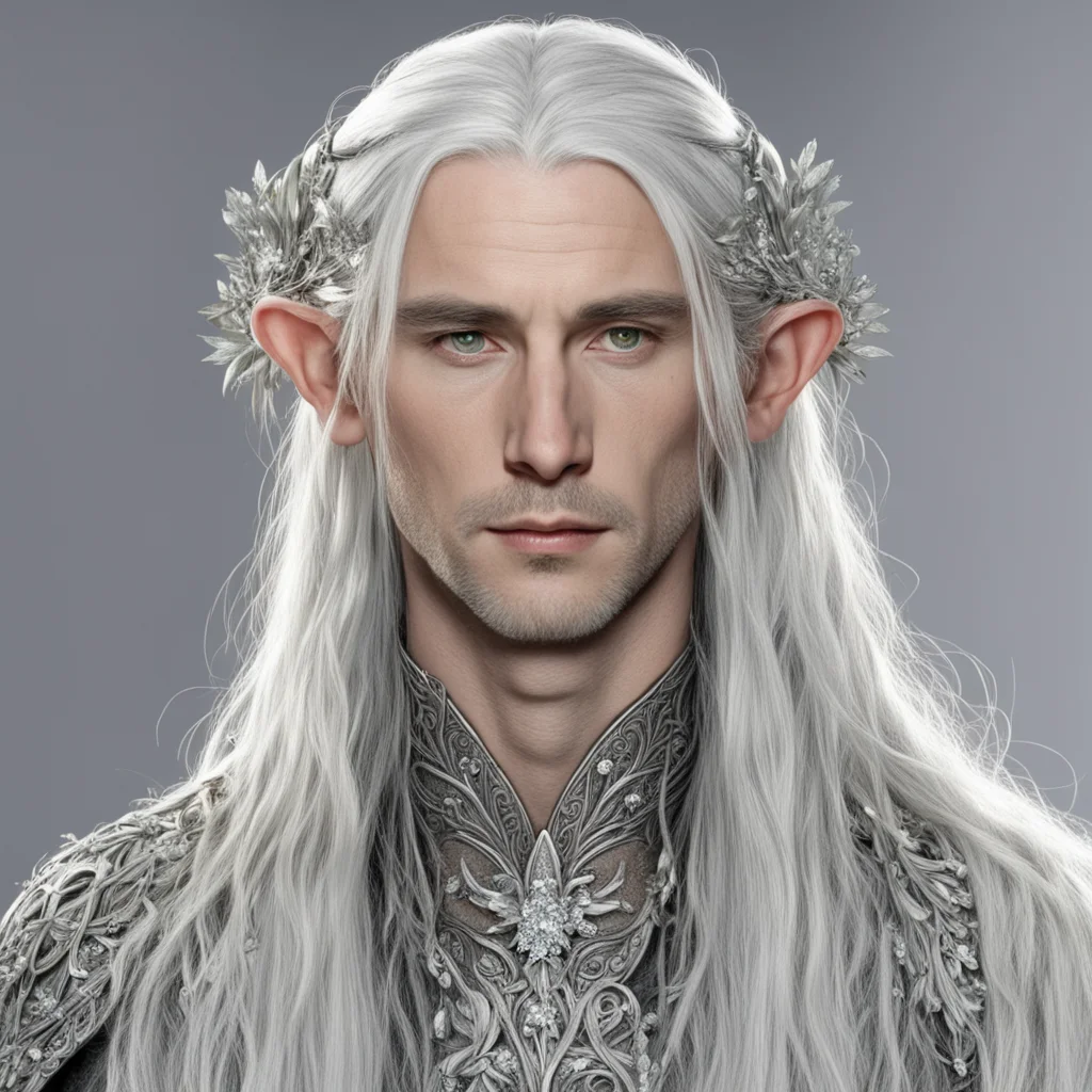 tolkien lord celeborn with silvery hair with braids wearing silver flowers encrusted with diamonds in hair to make a silver elvish circlet with large center diamond amazing awesome portrait 2