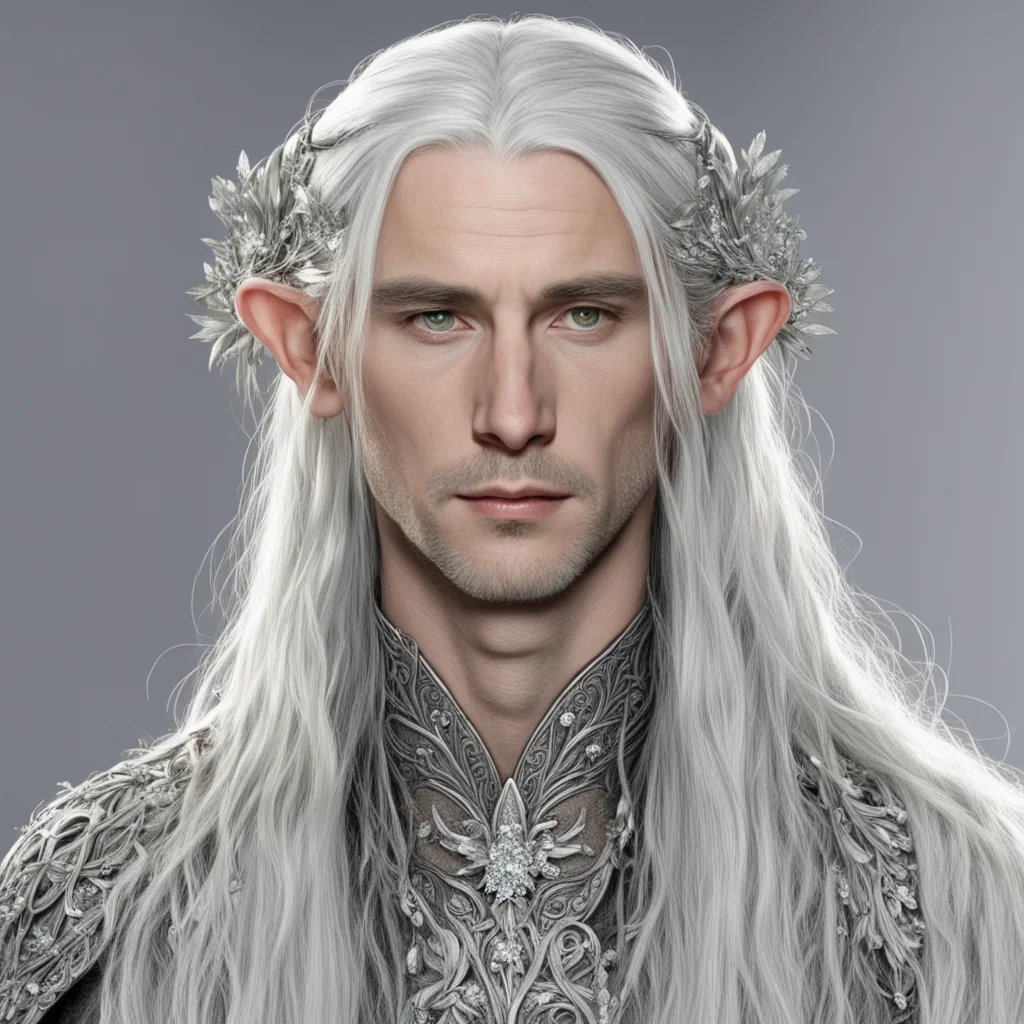 aitolkien lord celeborn with silvery hair with braids wearing silver flowers encrusted with diamonds in hair to make a silver elvish circlet with large center diamond amazing awesome portrait 2