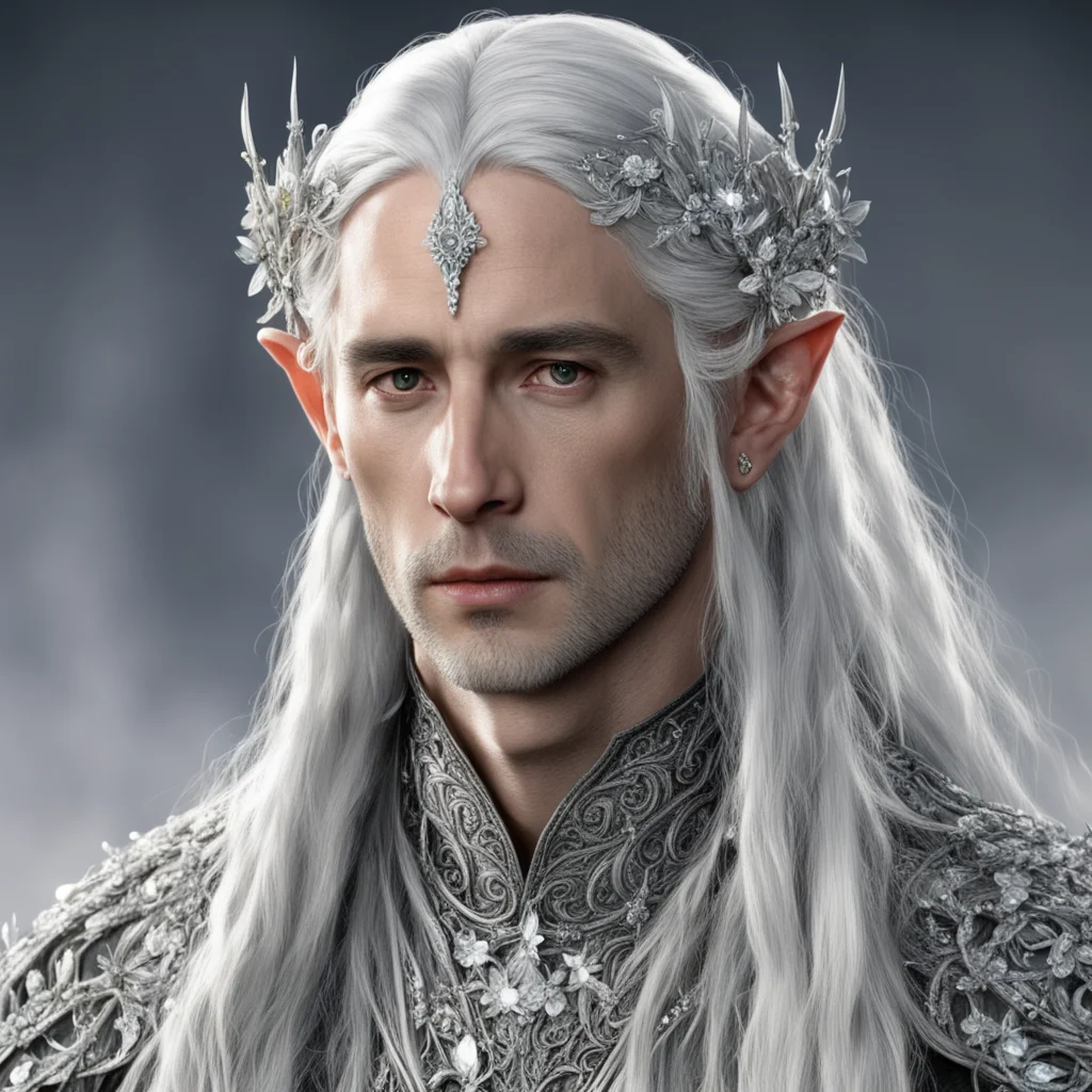 tolkien lord celeborn with silvery hair with braids wearing silver flowers encrusted with diamonds in hair to make a silver elvish circlet with large center diamond