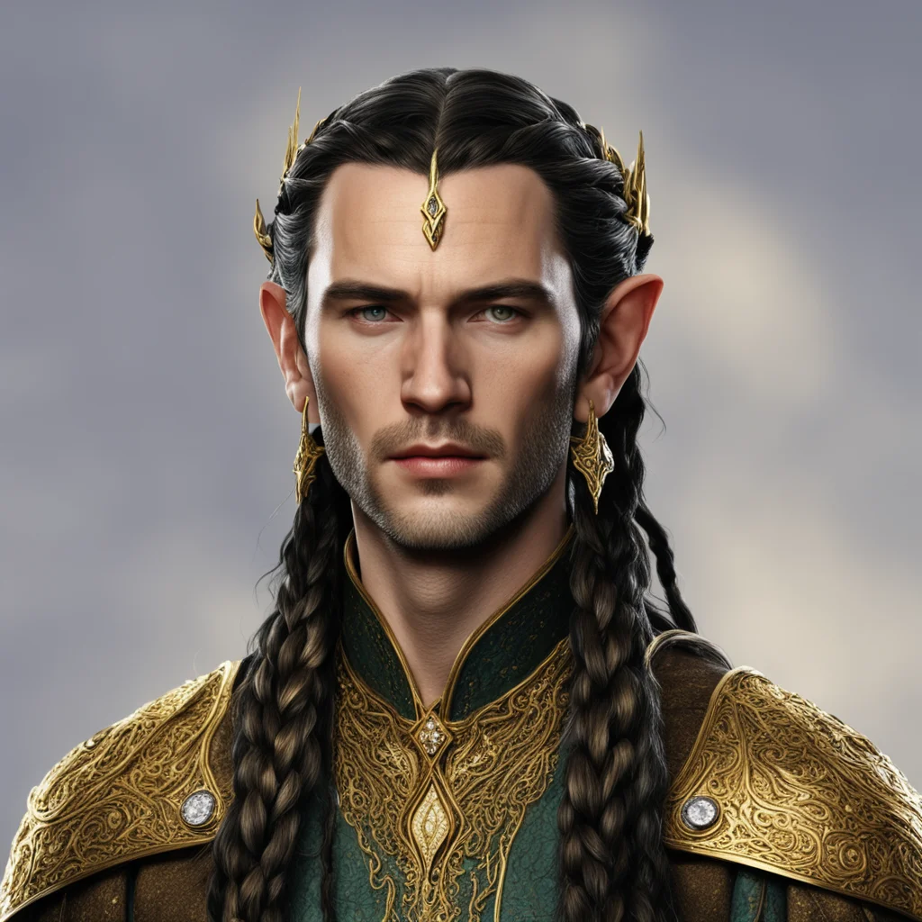 aitolkien lord elrond with dark brown hair and braids wearing gold elvish circlet encrusted with diamonds 