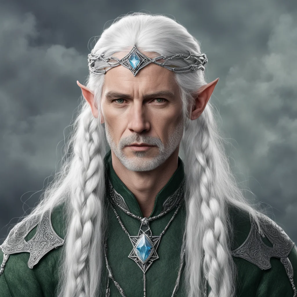 aitolkien lord galathon with silver hair and braids wearing silver serpentine elvish circlet with large center diamond 