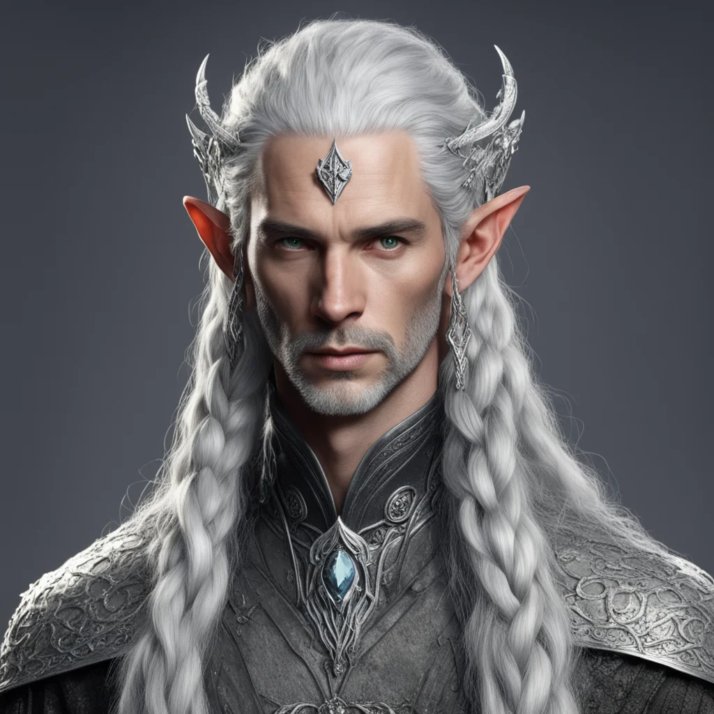 aitolkien male sindar elf  lord with gray hair and braids with silver serpentine elvish circlet encrusted with diamonds with large center diamond  confident engaging wow artstation art 3