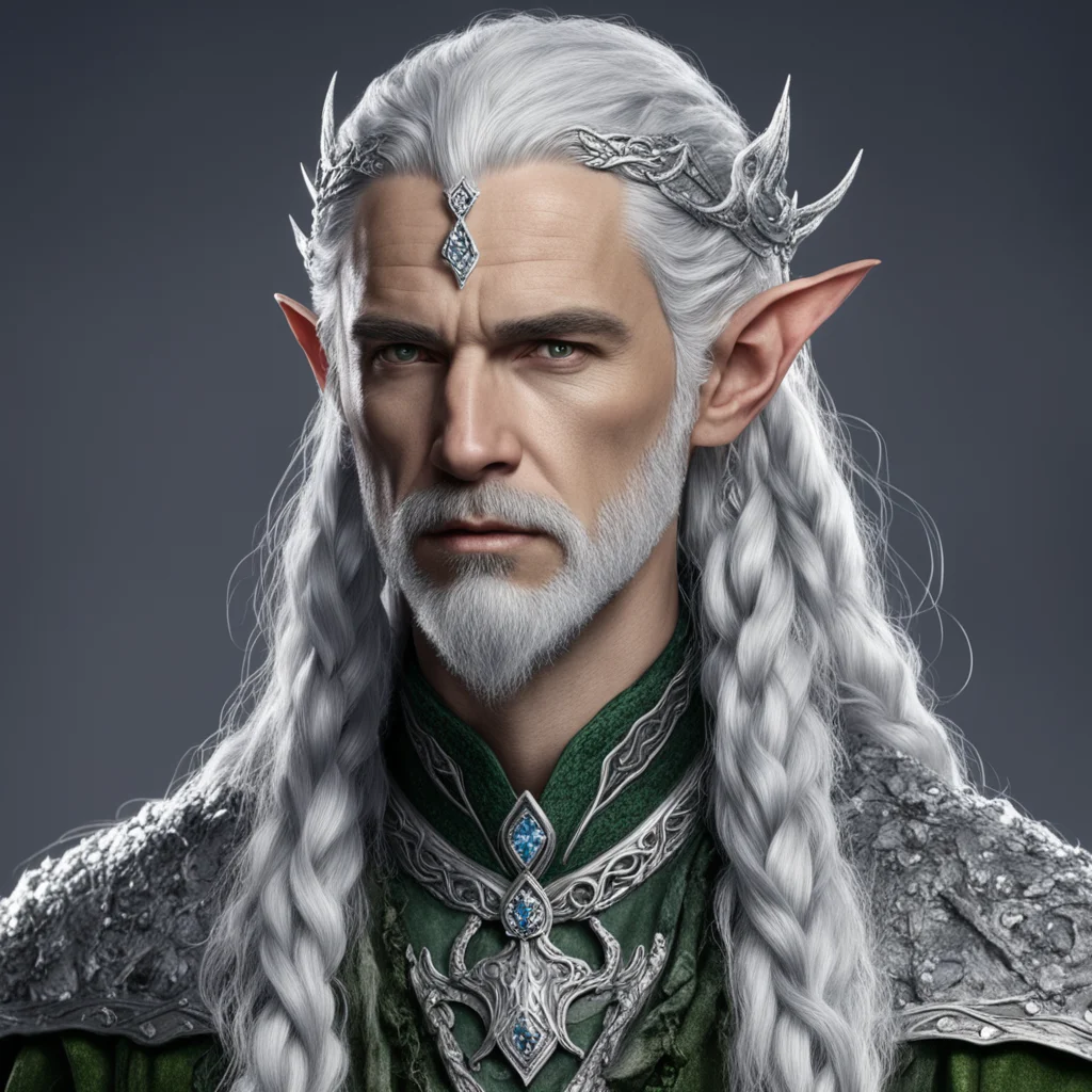 aitolkien male sindar elf  lord with gray hair and braids with silver serpentine elvish circlet encrusted with diamonds with large center diamond  good looking trending fantastic 1