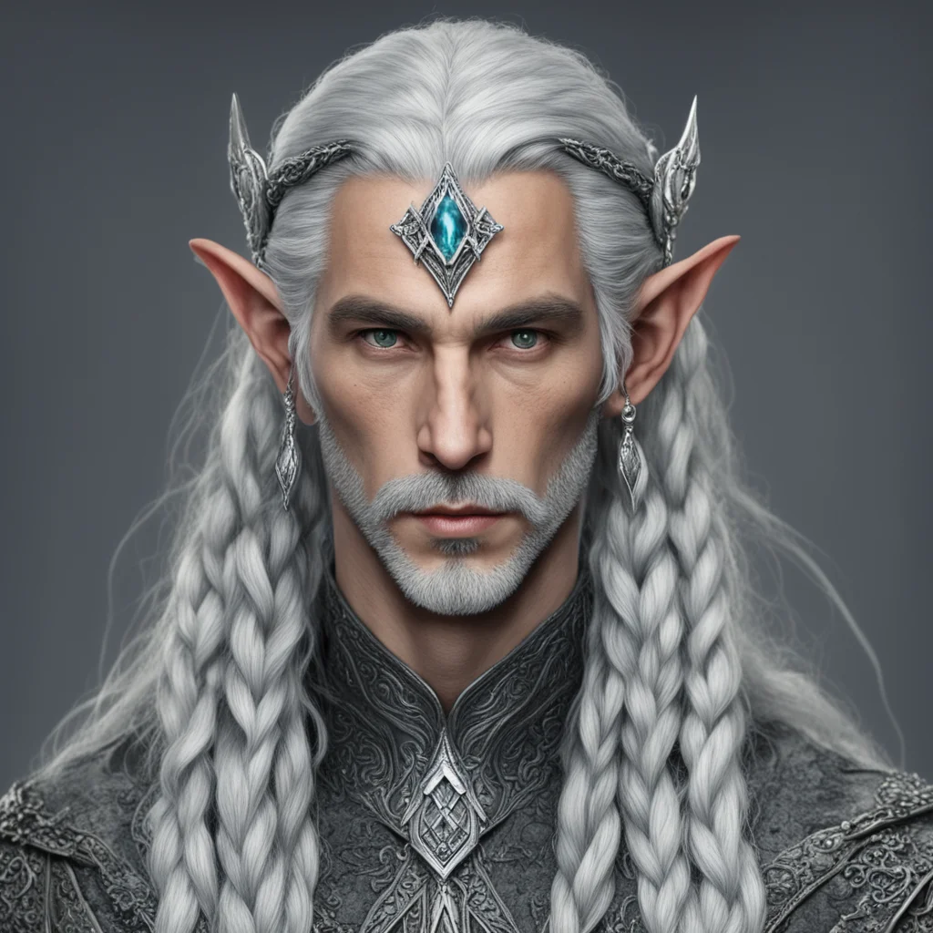 aitolkien male sindar elf  lord with gray hair and braids with silver serpentine elvish circlet encrusted with diamonds with large center diamond 