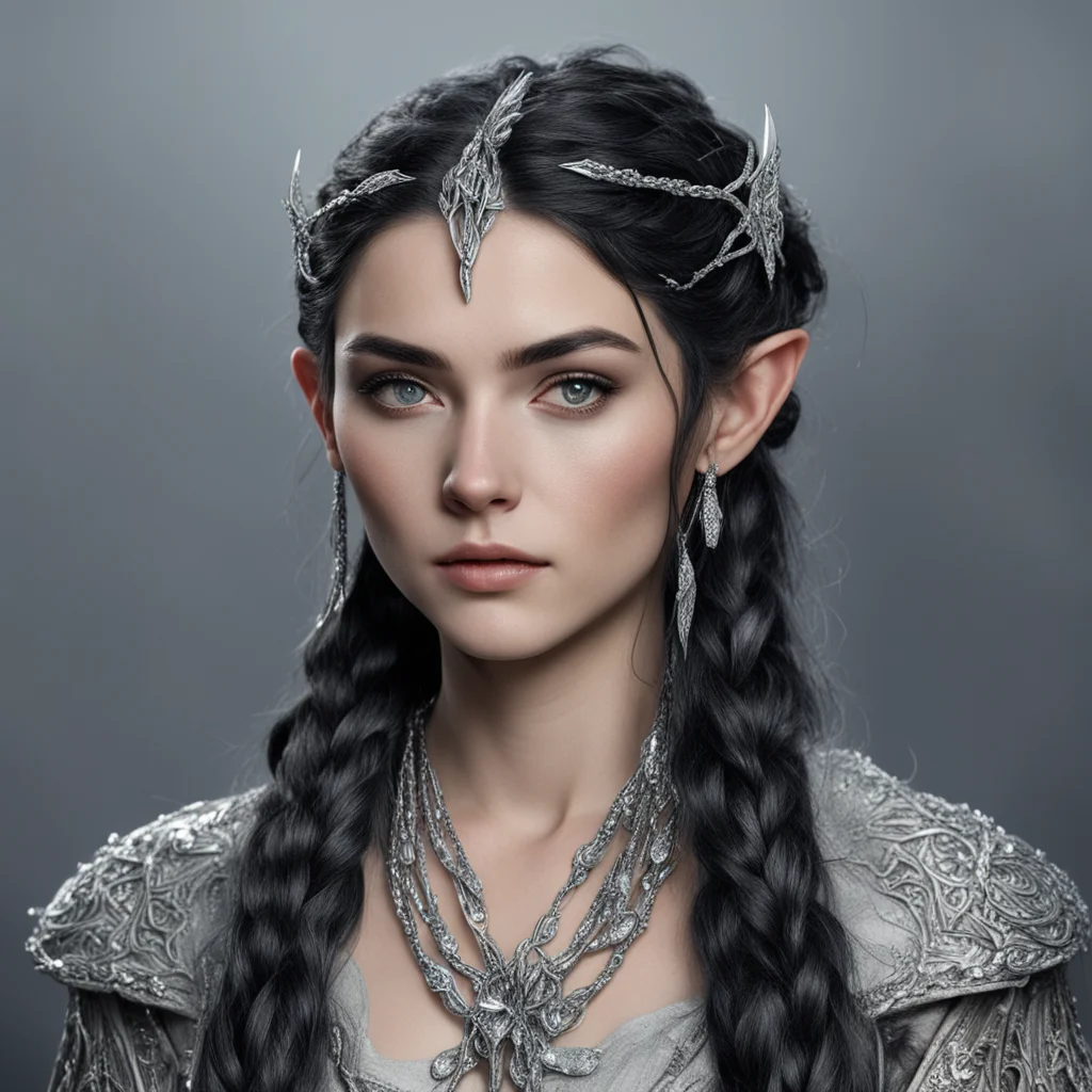 tolkien melian with dark hair and braids wearing silver elvish hair forks encrusted with large diamonds  amazing awesome portrait 2