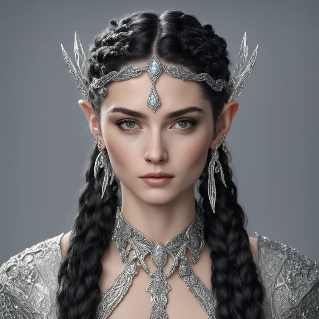 aitolkien melian with dark hair and braids wearing silver elvish hair forks encrusted with large diamonds  confident engaging wow artstation art 3