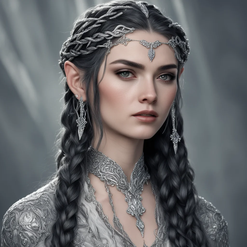 aitolkien melian with dark hair and braids wearing silver elvish hair forks encrusted with large diamonds  good looking trending fantastic 1