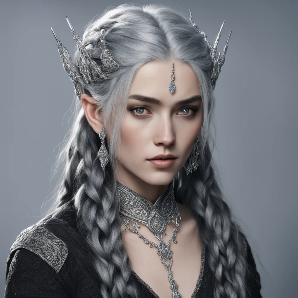 aitolkien melian with dark hair and braids wearing silver elvish hair forks encrusted with large diamonds 