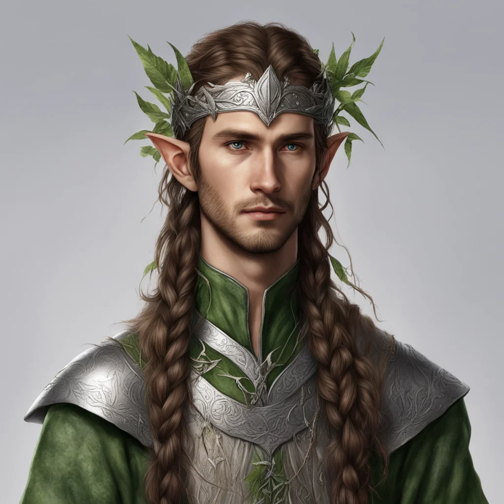 aitolkien nandorin elf male with brown hair and braids wearing a silver elvish circlet made of silver leaves amazing awesome portrait 2