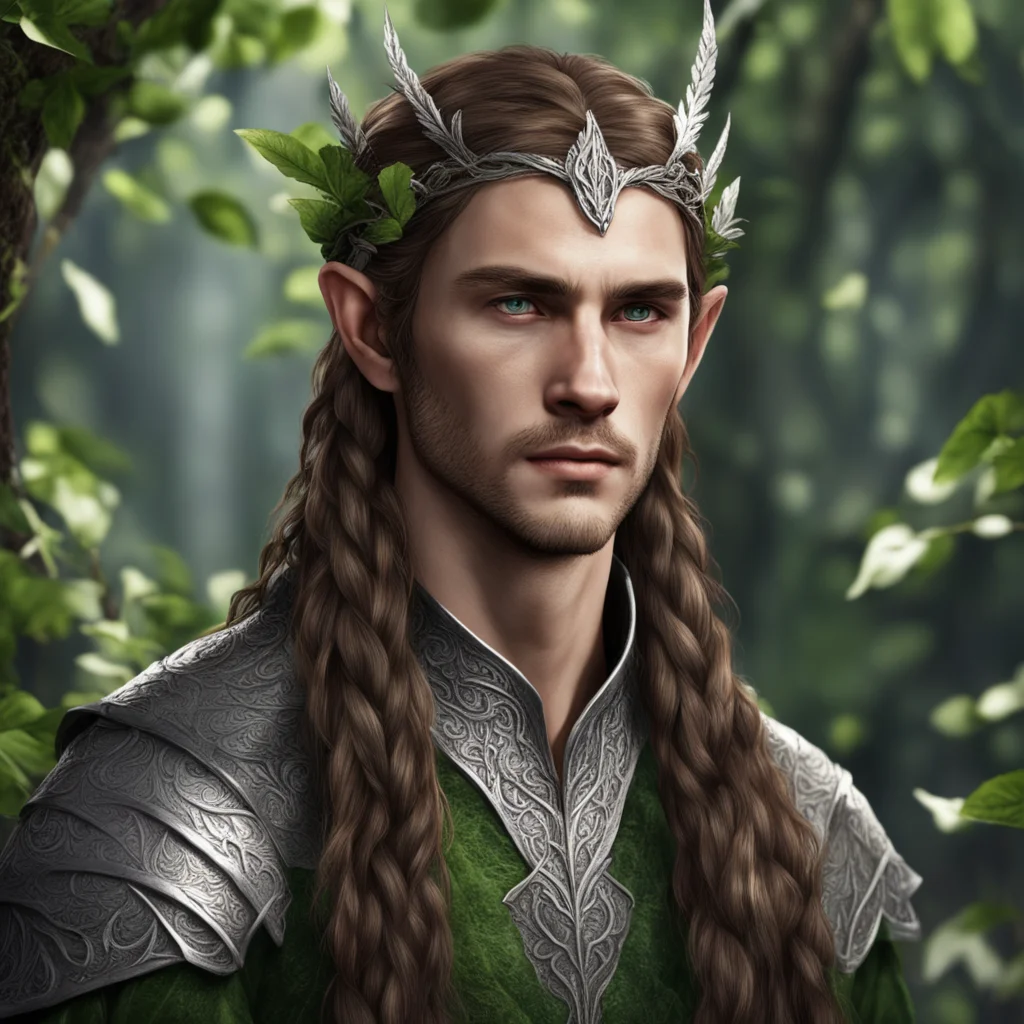 aitolkien nandorin elf male with brown hair and braids wearing a silver elvish circlet made of silver leaves confident engaging wow artstation art 3