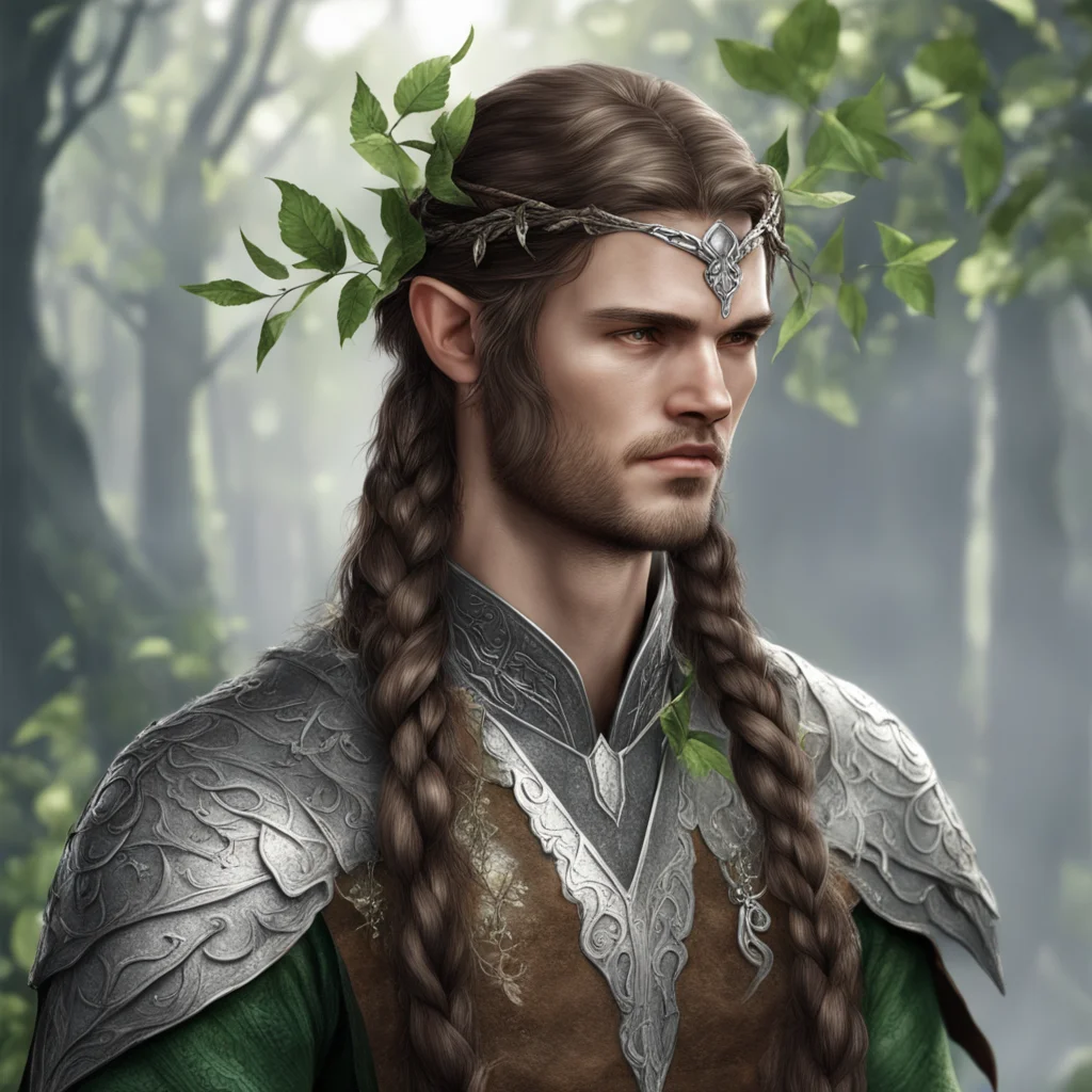 aitolkien nandorin elf male with brown hair and braids wearing a silver elvish circlet made of silver leaves good looking trending fantastic 1