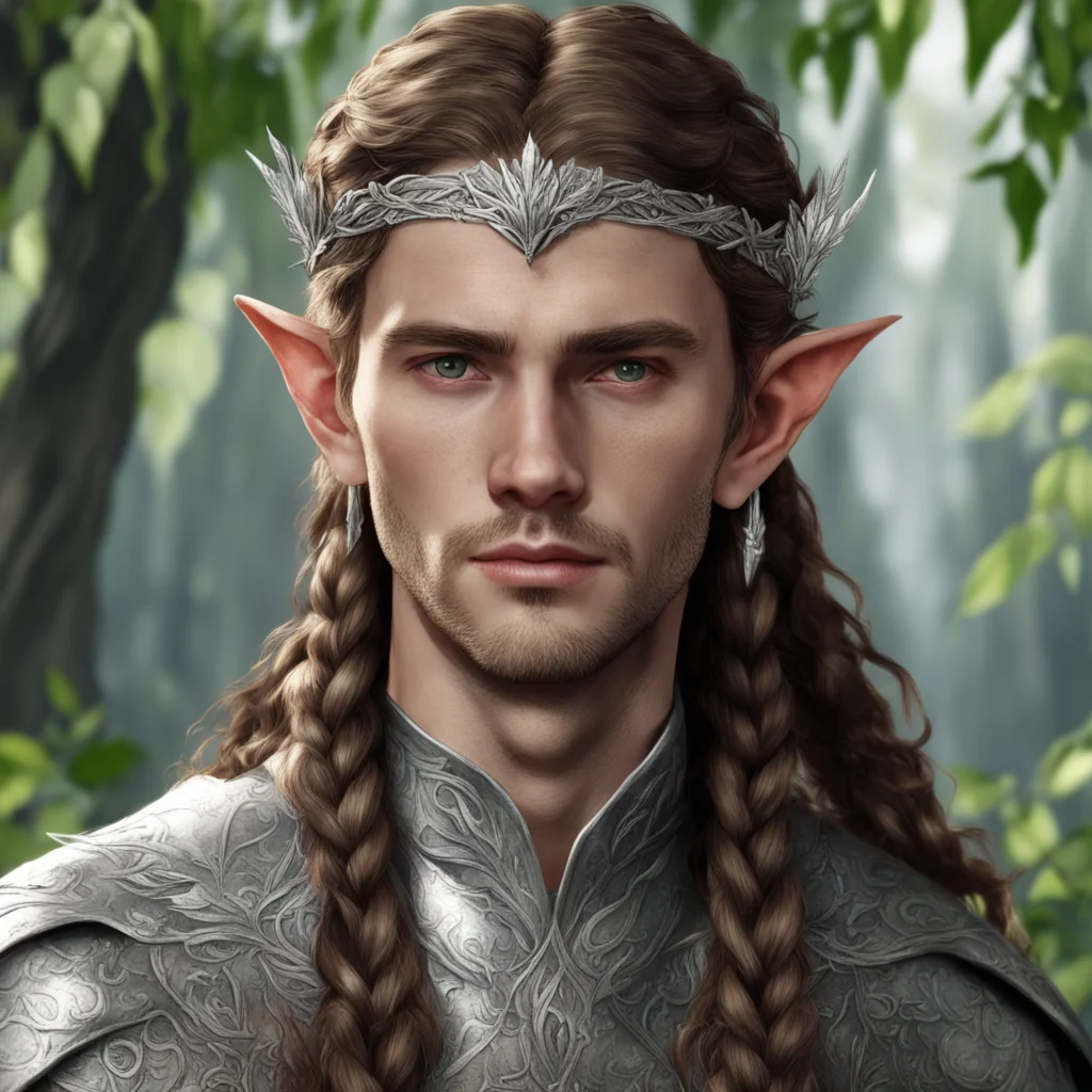 aitolkien nandorin elf male with brown hair and braids wearing a silver elvish circlet made of silver leaves