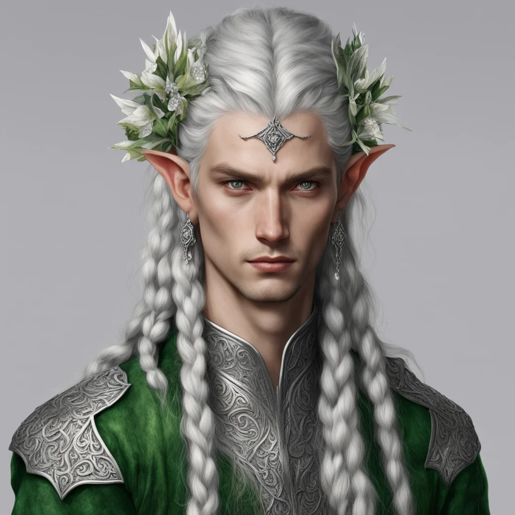 tolkien nandorin male nobles elves with braids and wearing silver flower elvish circlet with diamonds