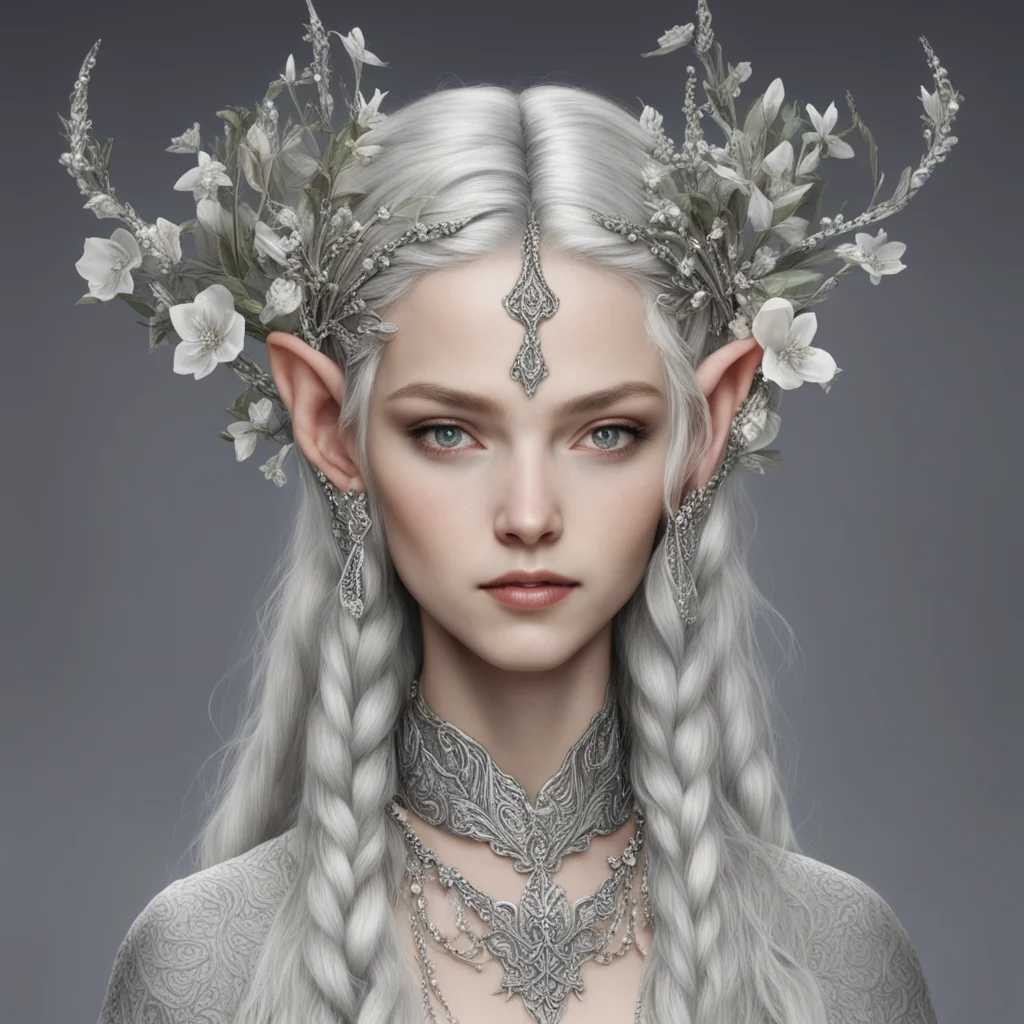 aitolkien nandorin noble elves with braids and silver flowers with diamonds to form a silver elvish circlet