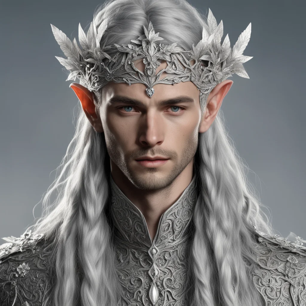 aitolkien nandorin noble male elves with braids wearing silver flowers encrusted diamonds to form a silver elvish circlet with center diamond amazing awesome portrait 2